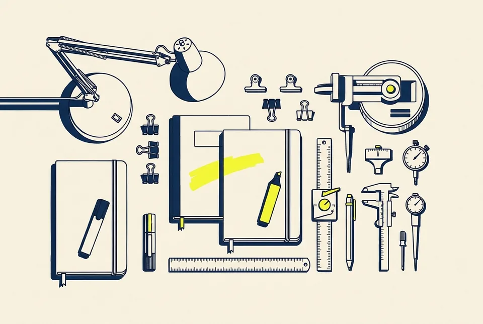 An overhead view of a tidy workbench with a desk lamp, notebooks, clips, rulers and small measuring instruments laid out in order.