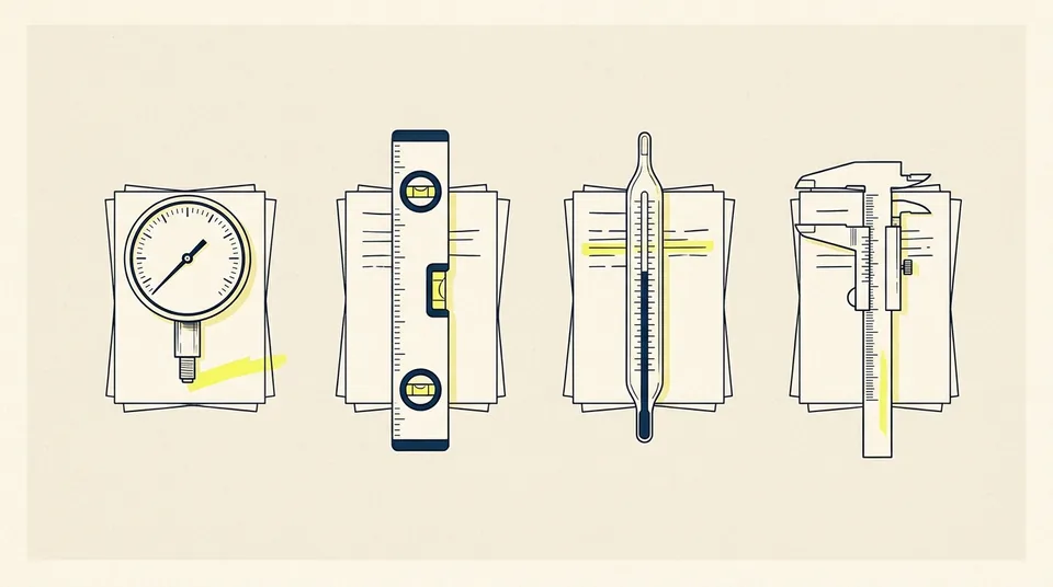 Four measuring instruments in a row on a bench: a dial gauge, a spirit level, a thermometer and a caliper, each against a stack of sheets.
