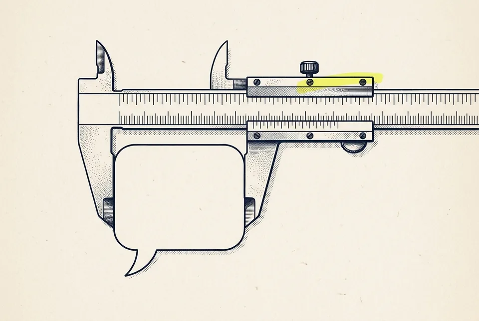 A vernier caliper gripping the sides of a blank paper speech bubble.