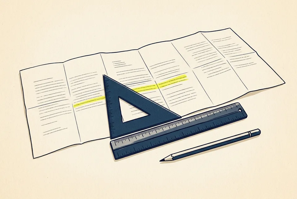 A long folded letter laid flat with a set square, a steel straightedge and a pencil aligned along it.