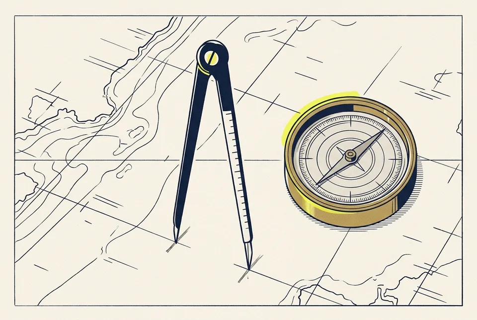 Navigator's dividers and a brass compass resting on a paper chart.