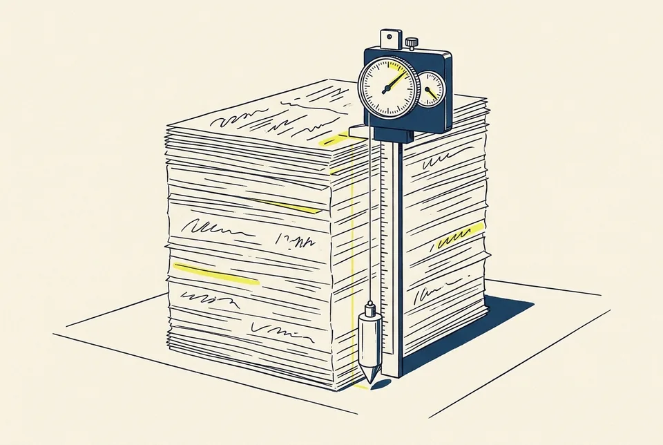 A depth gauge with a plumb line measuring a tall stack of paper sheets.