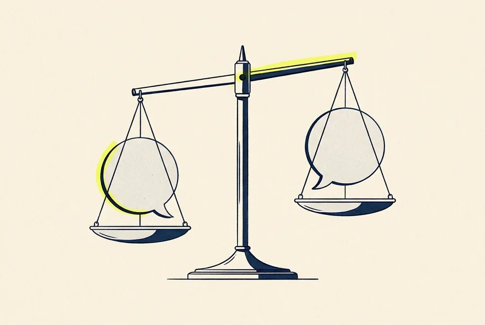 A two-pan balance scale holding two matching paper speech bubbles, one pan sitting slightly lower.