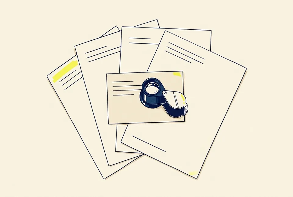 A short summary card with a jeweller's loupe on it, resting on a fan of longer source pages.