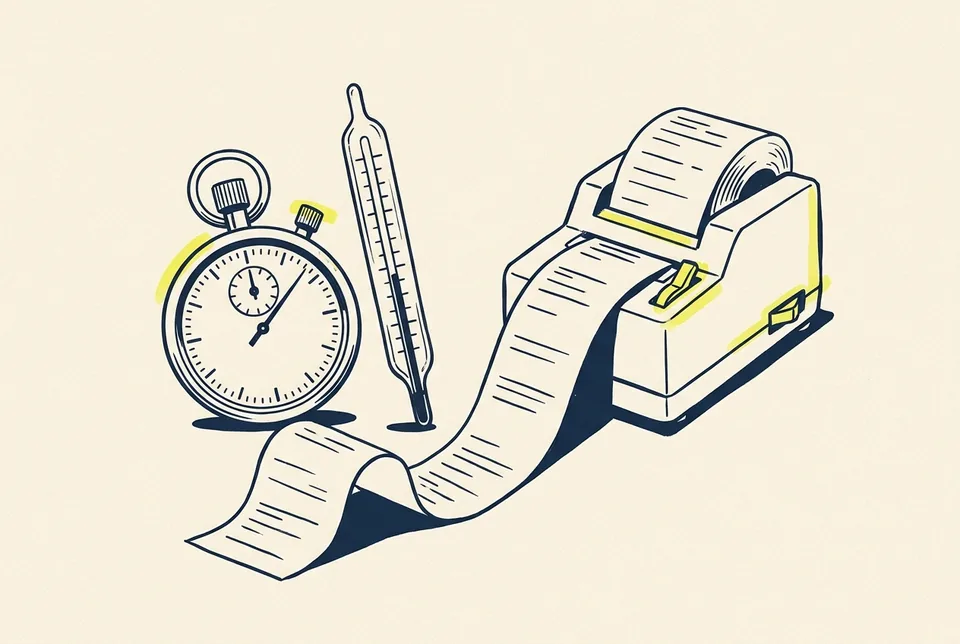 A stopwatch and a thermometer beside a ribbon of paper tape spilling from a small tape machine.