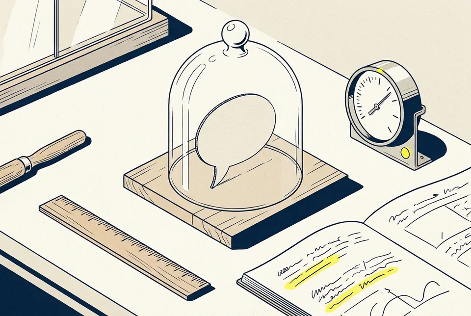 A paper speech bubble under a glass bell jar on a lab bench, with a small dial gauge beside it.