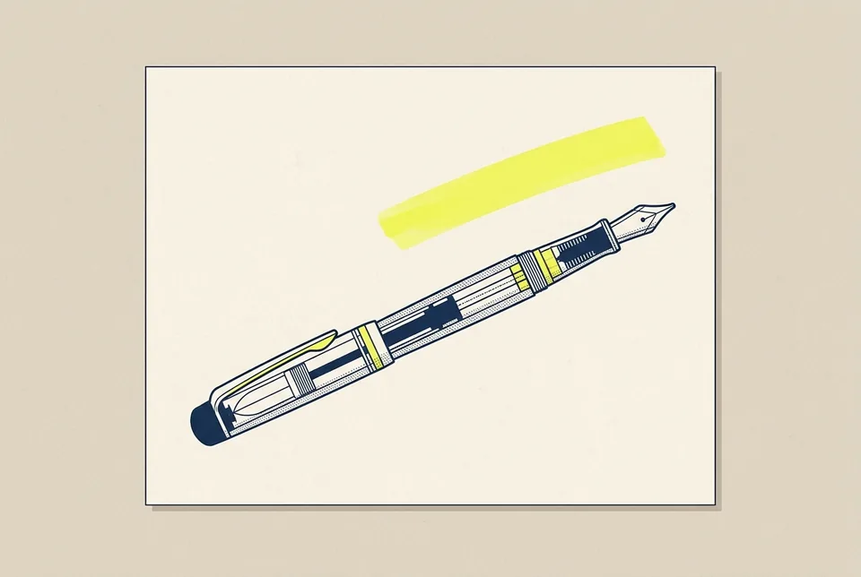 A blank sheet of paper with a fountain pen lying across it and a yellow highlighter stroke above.