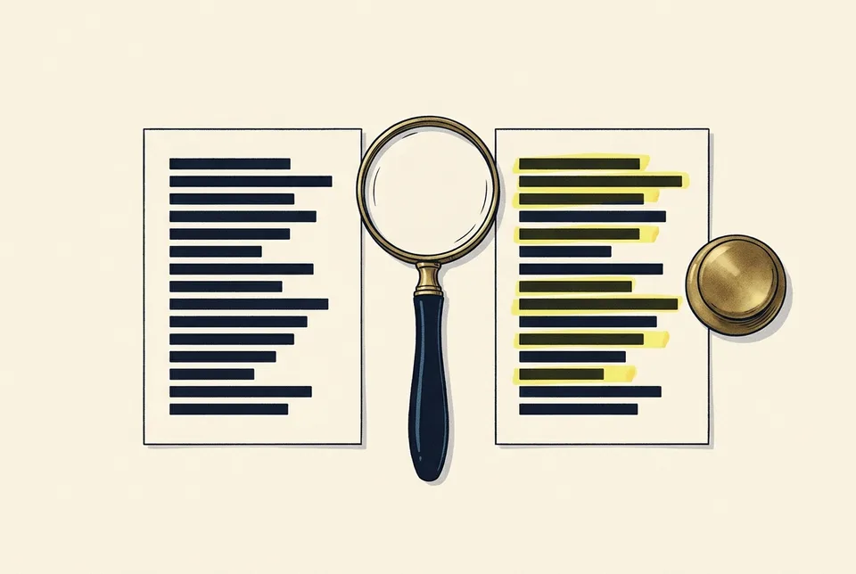 Two printed cards of bars side by side, one with highlighted lines, a magnifying glass between them and a brass paperweight.