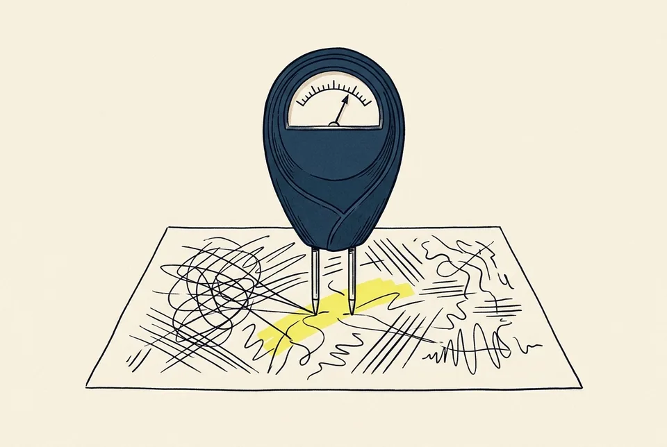 A handheld probe meter with two metal pins pressed into a page of scribbled lines.