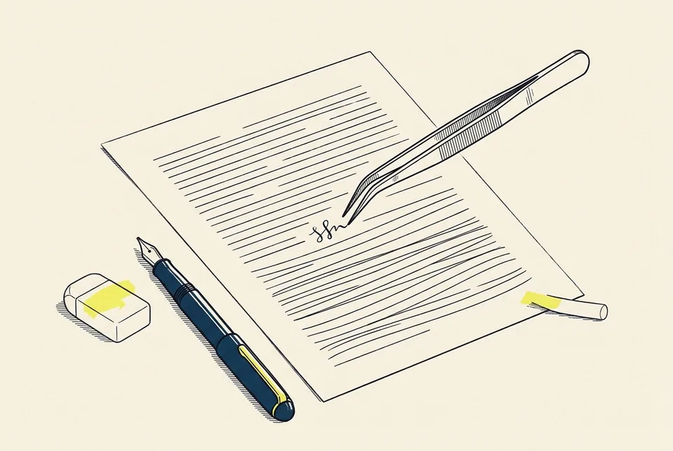 Tweezers lifting a small ink squiggle off a lined page, with a fountain pen and an eraser nearby.
