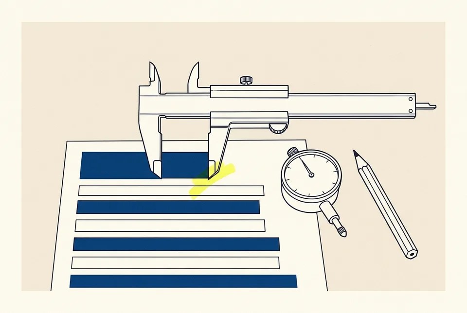 Steel calipers measuring a blue block on a striped sheet, with a dial gauge and a pencil beside it.