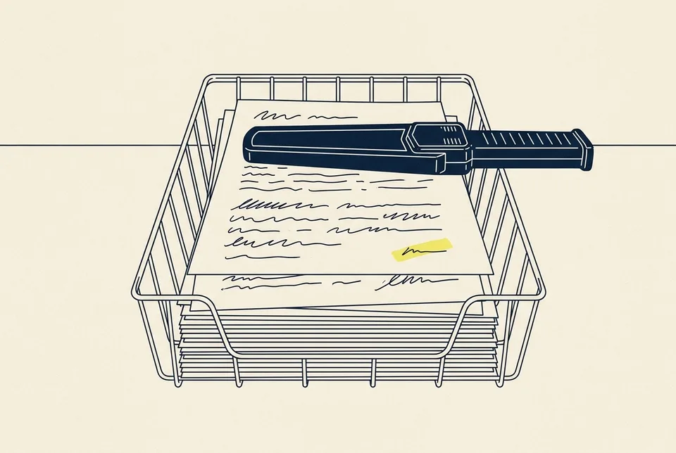 A handheld metal detector wand lying over a wire tray stacked with handed-in essays.