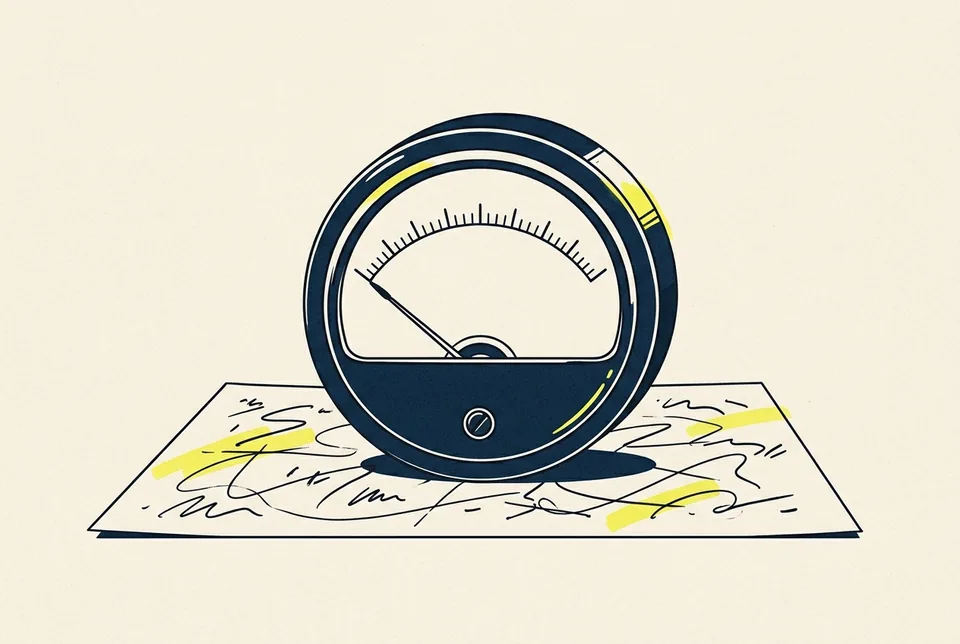 A round analog meter with its needle resting at the far left, standing on a sheet of scribbled lines.
