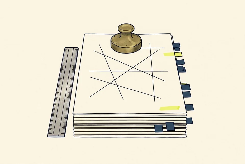 A squared stack of documents with sticky flags on one edge, a brass paperweight on top and a steel ruler alongside.
