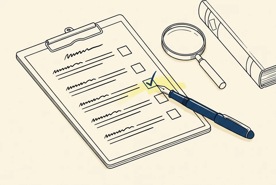 A clipboard checklist with a fountain pen ticking a box, next to a magnifying glass and a reference book.