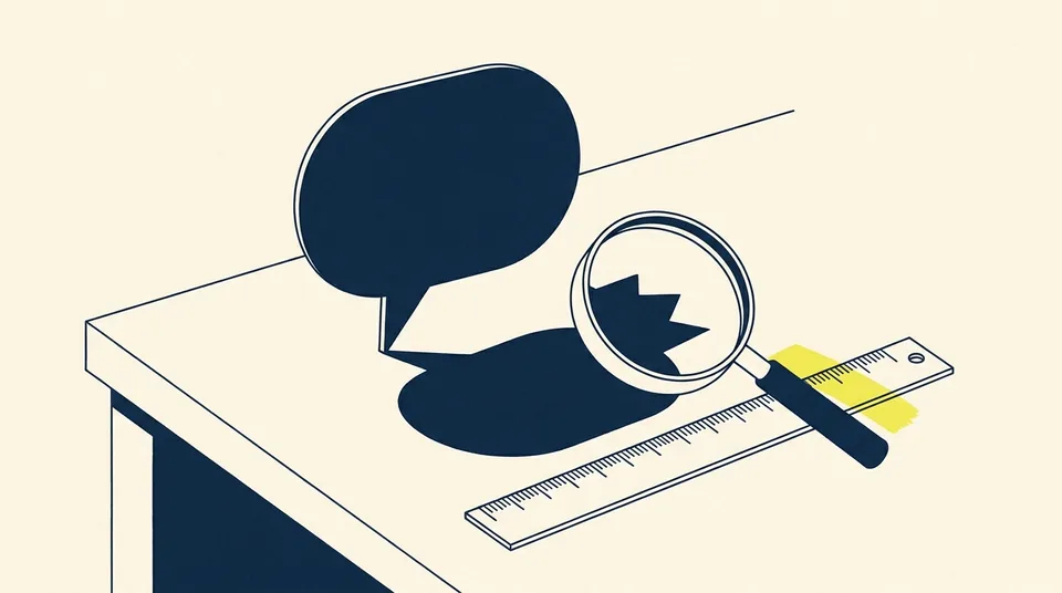 A paper speech bubble standing on a desk casts a shadow that does not match its shape, examined with a magnifying glass and a ruler.
