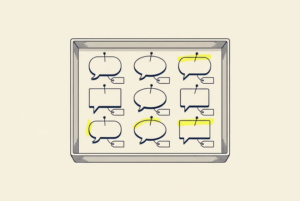 A specimen tray with nine paper speech bubbles pinned in rows, each with a small blank tag.