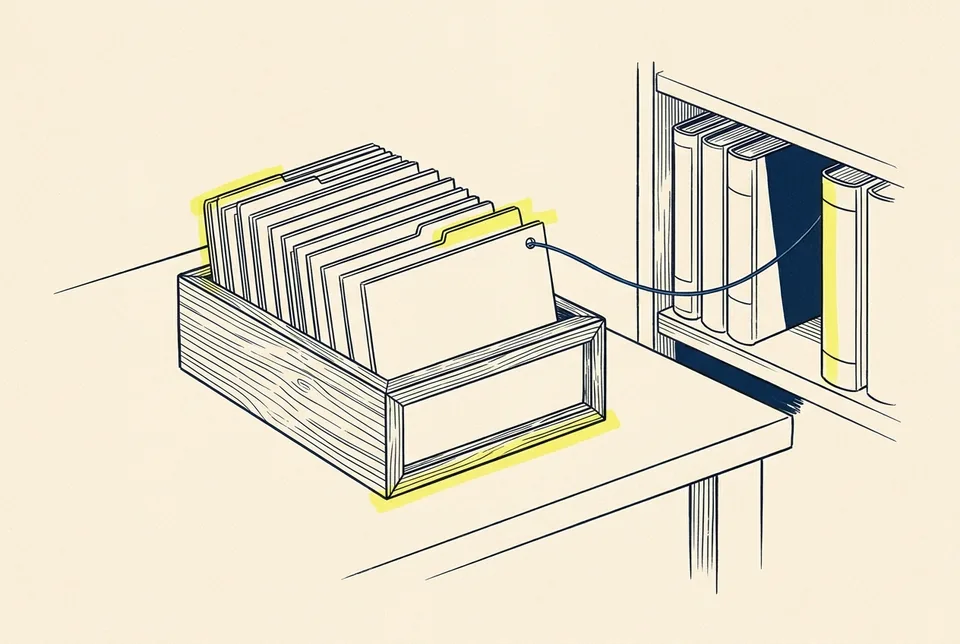 A box of index cards with a thread running from one card to an empty gap on a bookshelf.