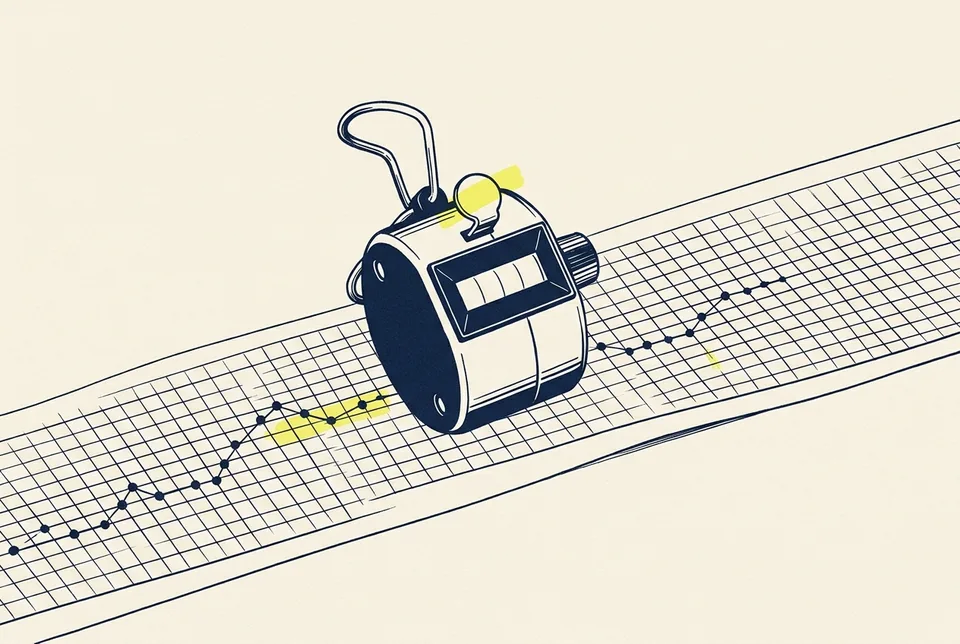 A hand tally counter resting on a strip of graph paper with a line of plotted dots.