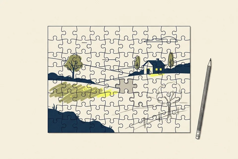 A landscape jigsaw puzzle where one missing area has been filled in with a pencil sketch that does not match, with a pencil beside it.