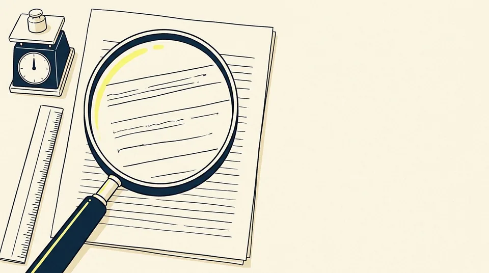 A magnifying glass held over a printed page of ruled lines, with a small bench scale and a ruler beside it.
