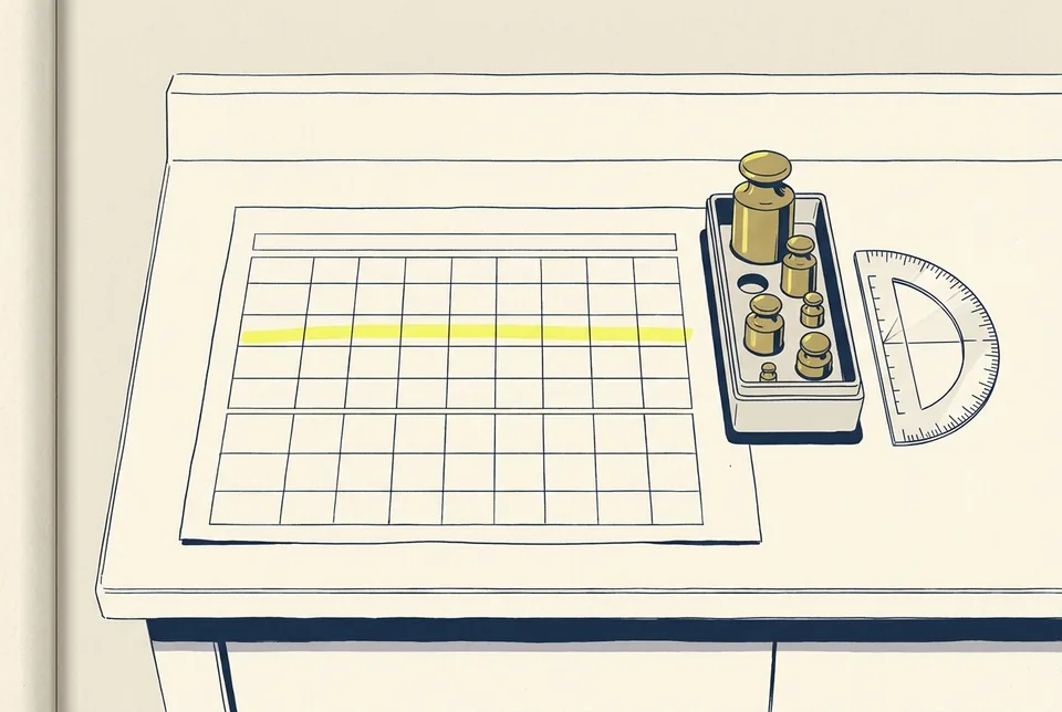A blank scoring grid on a bench beside a tray of brass calibration weights and a protractor.