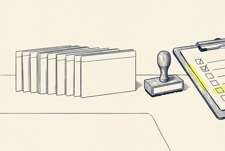 A row of blank index cards, a rubber stamp and a clipboard checklist with ticked boxes.